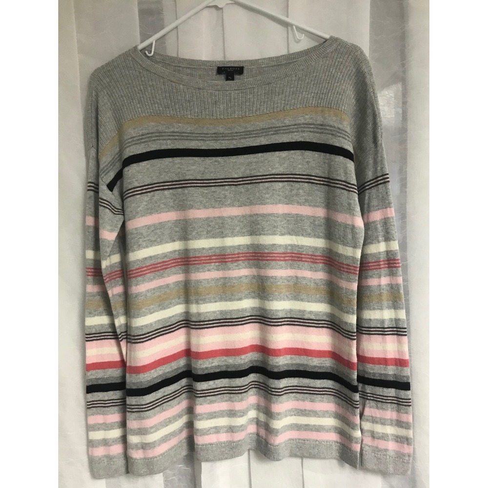 Talbots Petites Striped Boat Neck Sweater Grey Pink Multi Color MP‎ Womens